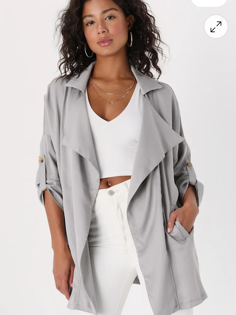Lulu's Light Gray Draped Open-Front Trench Jacket
